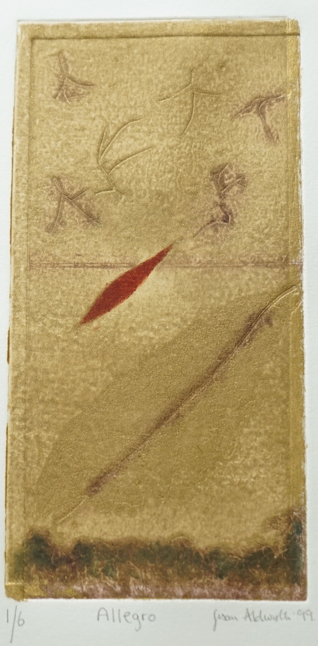 Susan Aldworth (b.1955), set of four gilt etchings, Leaves, including ‘Allegro’ and ‘Scherzo’, each limited edition, 1 of 6, signed and dated '99 in pencil, each 38 x 28cm, unframed. Condition - good